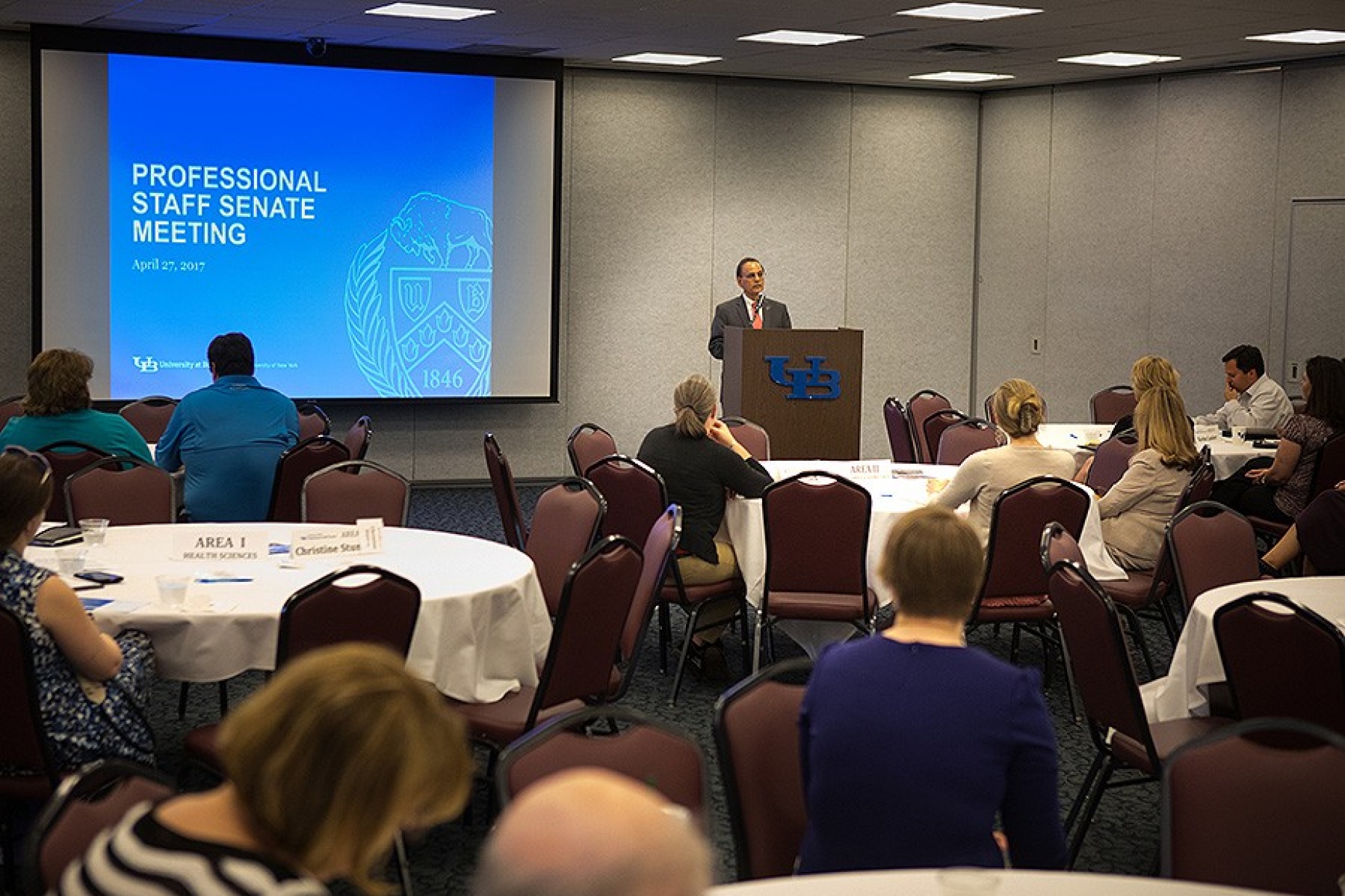 President Tripathi discusses the Excelsior Scholarship during the Profession Staff Senate meeting.