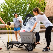 Students from UB ReUSE helping to clean out dorms and recycle items in the Ellicott Residence Hall Complex at the end of spring semester. 