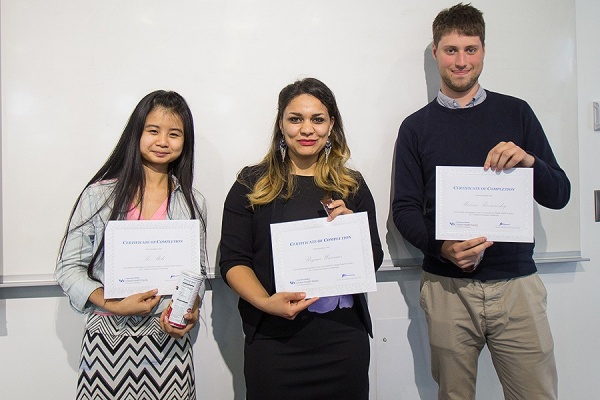 Zoom image: "Language Access" team (from left): Ko Meh, Riyam Wannas and Harris Bresowsky. Photo: Meredith Forrest Kulwicki 