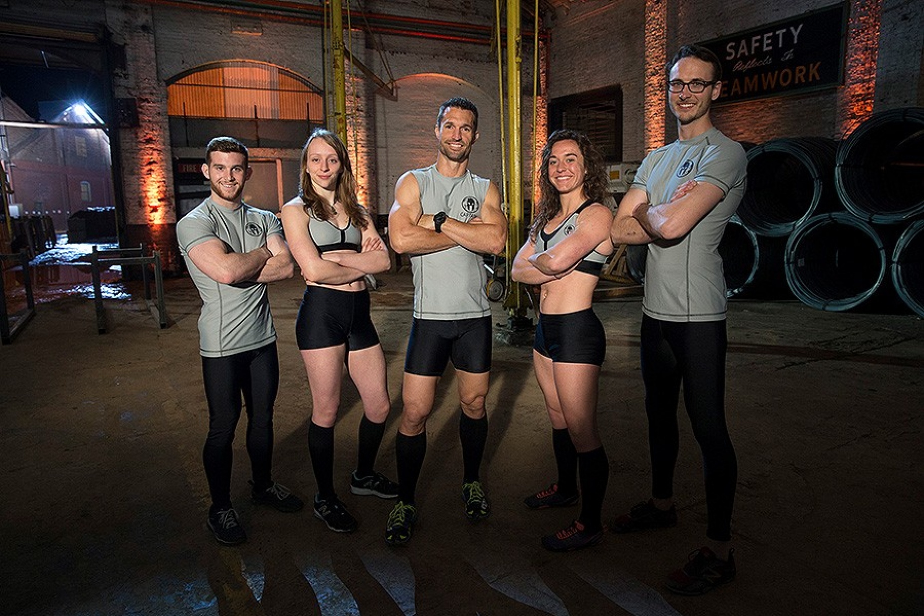 SPARTAN: ULTIMATE TEAM CHALLENGE -- Season: 2 -- Pictured: The Mathletes (l-r)Trevor Bernard, Zoe Herrick, Kyle "Wooch" Graff, Ellen Lutnick, Chris Komin -- (Photo by: Eli Joshua Adé/NBC). 