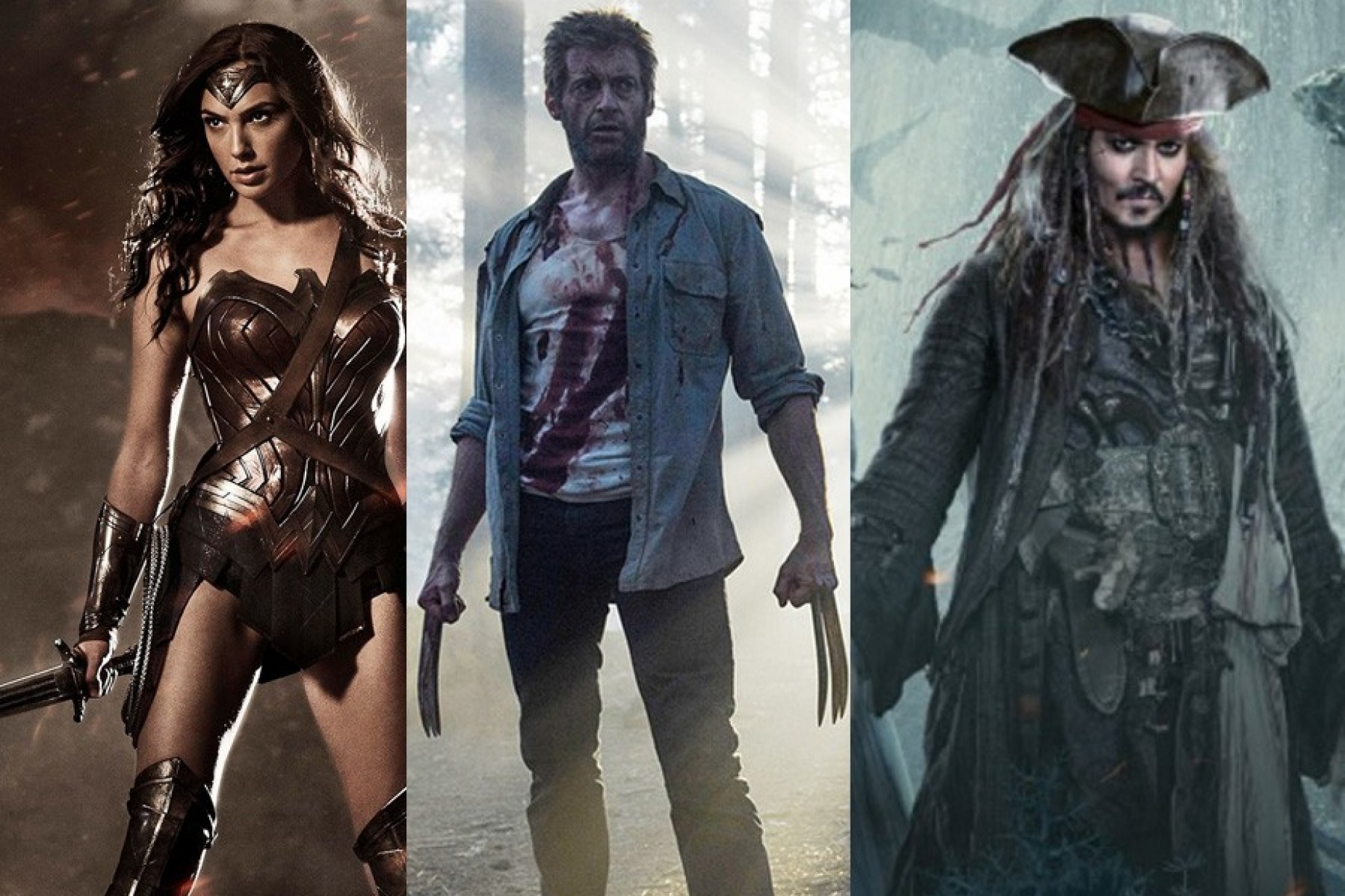 Triptych of images from three films: Wonder Woman, Logan and Pirates of the Caribbean: Dead Men Tell No Tales. 