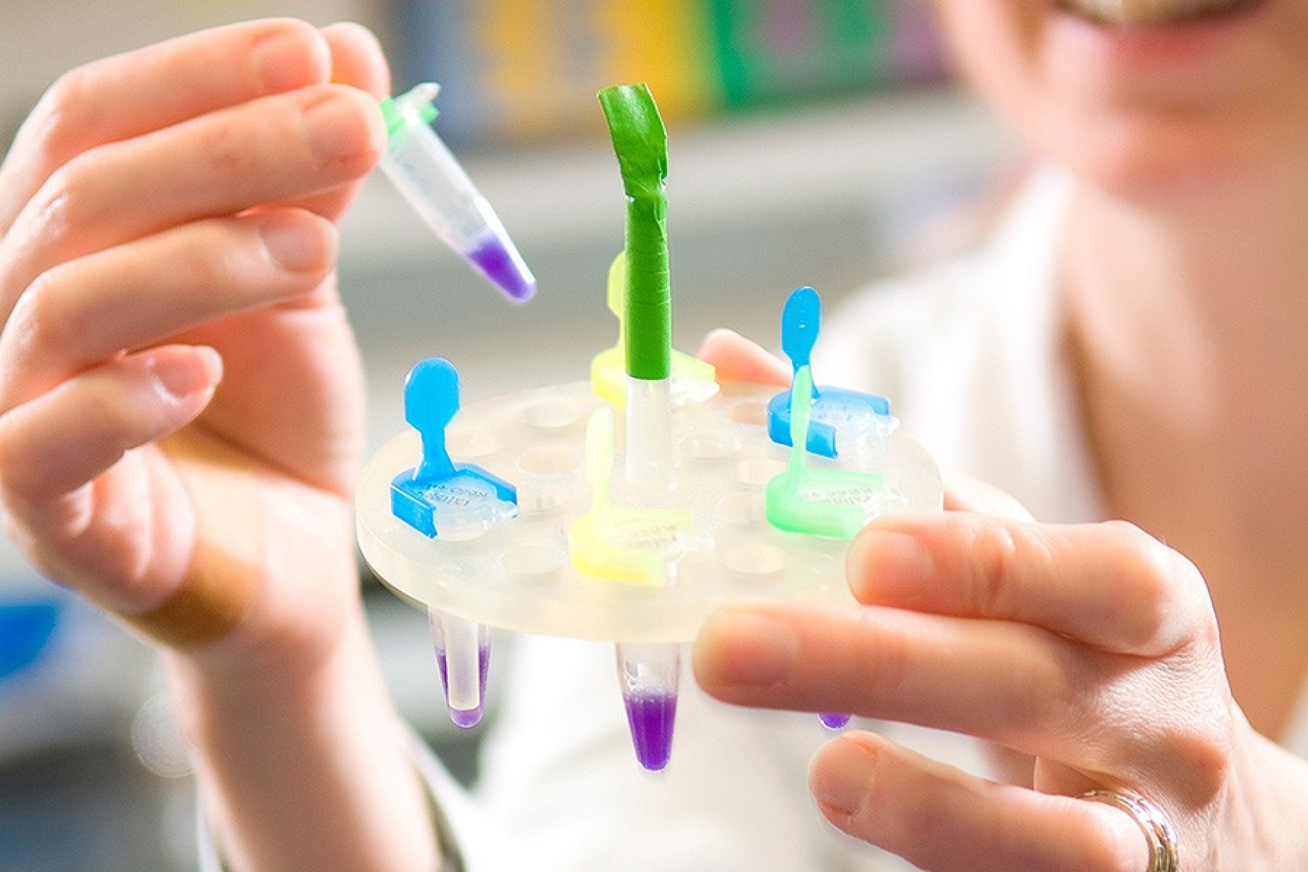 Researcher working in a lab, holding a small vile. 