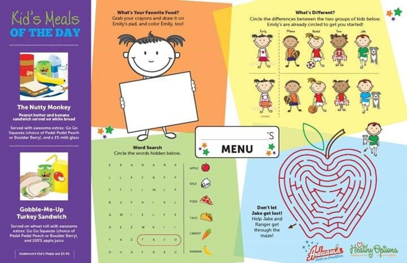 Placemat featuring special sandwiches on the left and an apple-shaped word search. 