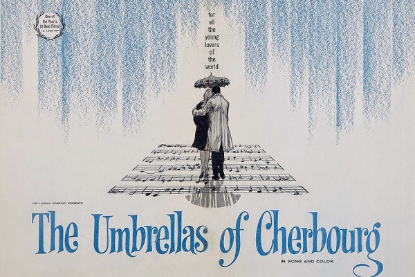 Movie poster for “The Umbrellas of Cherbourg,” 1964, directed by Jacques Demy.