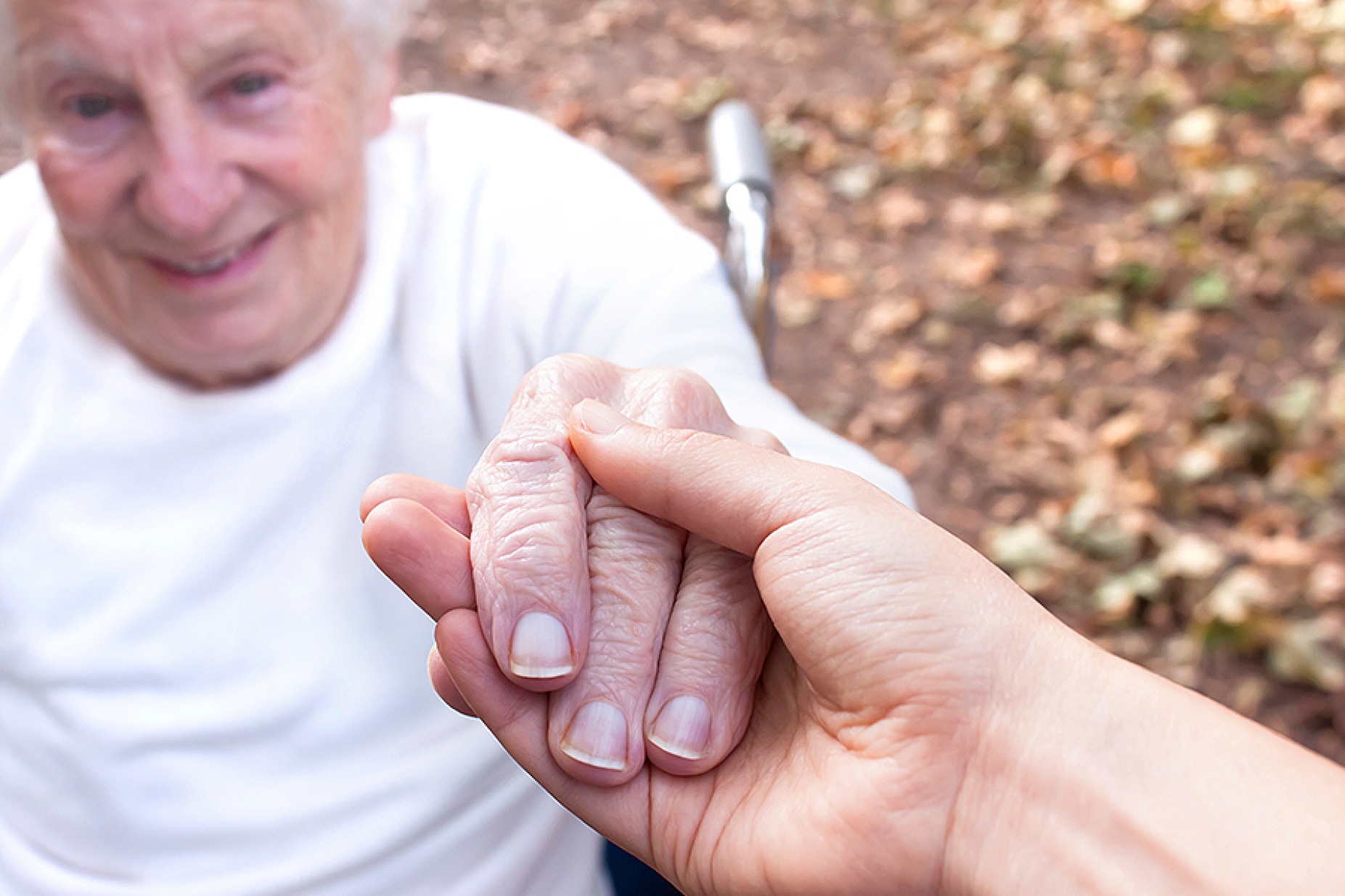 Senior and young woman holding hands over fall leaves background.