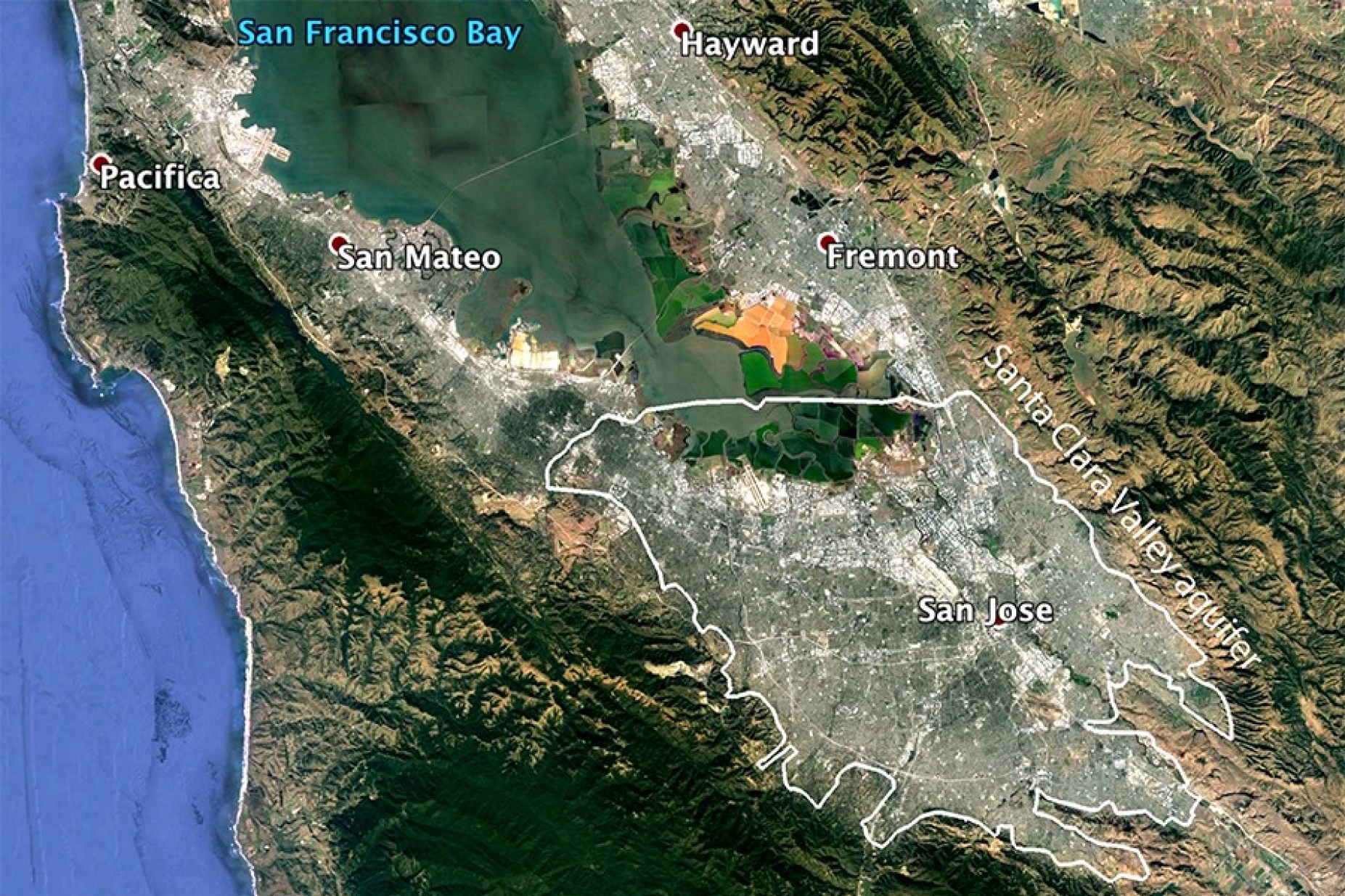 A Google Earth image shows the boundaries of the Santa Clara Valley aquifer. 