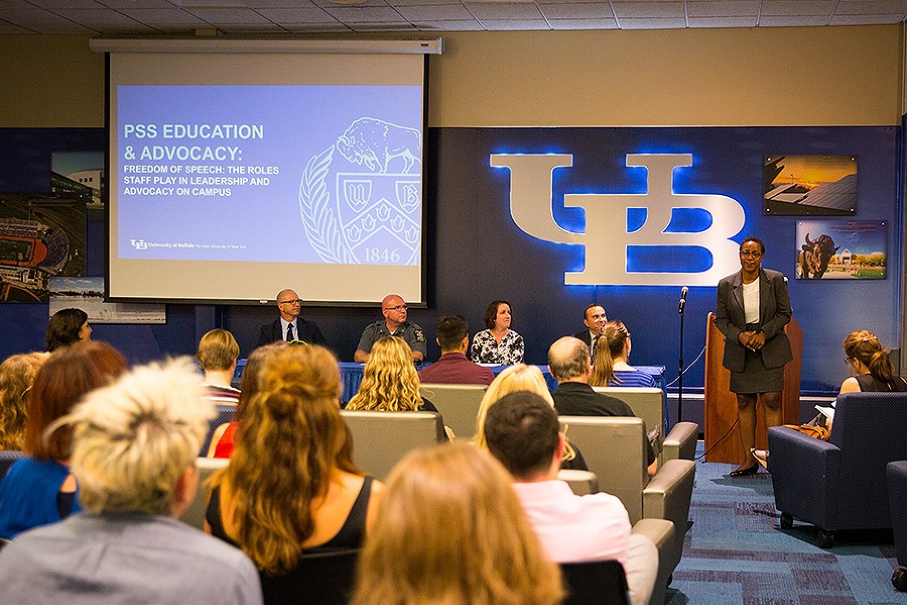 Freedom of Speech discussion panel included (l-r) Jim Jarvis Jr., Joshua Sticht, Liz Lidano and Tom Tiberi. Theresa Miller (standing) moderated the event. 