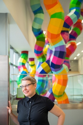 Portrait of Shasti O&rsquo;Leary-Soudant in front of her public artwork, "Gut Flora". 