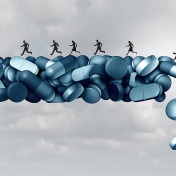 Conceptual Illustration of the opioid crisis: people falling off of a crumbling ledge made up of pills and capsules. 