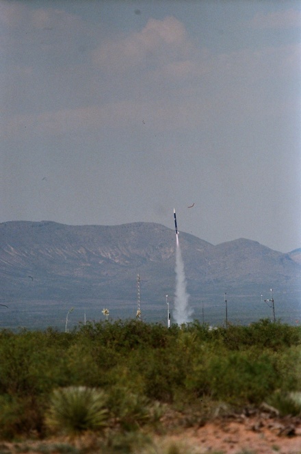 Zoom image: Just after ignition, Volans Tauri cleared the rail and began its powered ascent. 