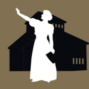 silhouette of an nineteenth-century woman with her outstretched arm raised in front of a building. Icon for the "She Persists" symposium celebrating the accomplishments of major women innovators in Buffalo&rsquo;s past, as well as prominent women in the community today. 
