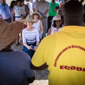 SUNY Chancellor Kristina Johnson listens to a presentation during a recent visit to Akayè, Haiti which is the site where the SUNY village will be developed. 
