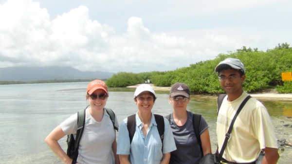 Carol Berman on the dock in Cayo Santiago with graduate students Erica Dunayer, Katey Burke and Krishna Balasubramaniam in 2013. 
