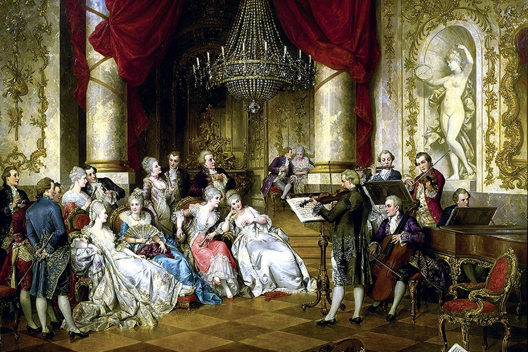 Das Konzert, Carl Schweninger Jr. (1854-1903), oil on canvas. Painting depicting a audience of noble men and women listening to a chamber music recital in an ornately decorated hall. 