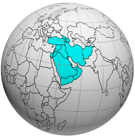 A globe with the region of Western Asia highlighted. 