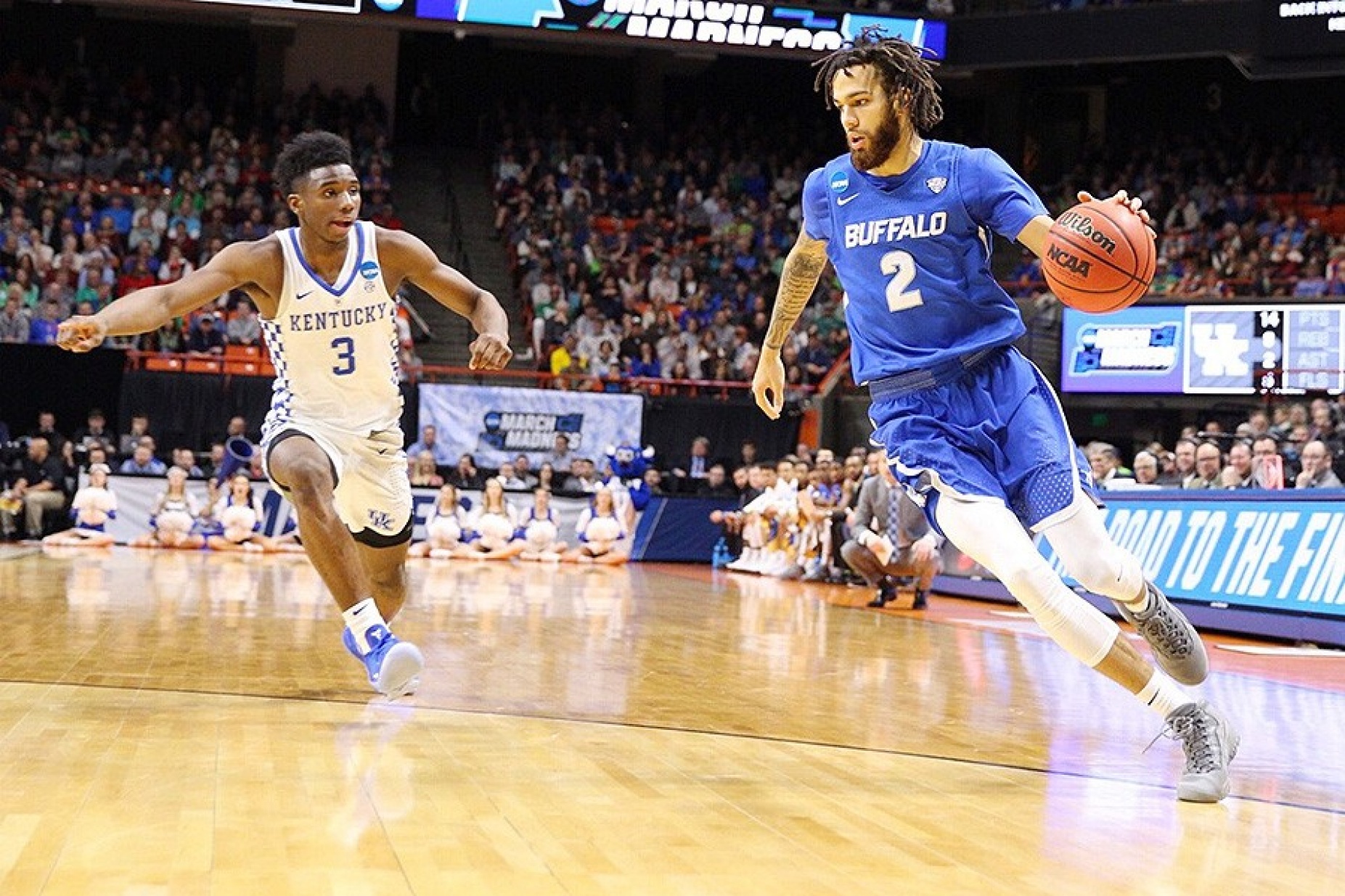 Bulls junior guard Jeremy Harris is chased by Wildcats freshman guard Hamidou Diallo. 