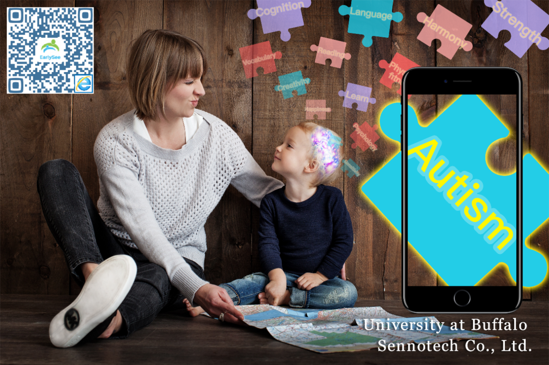 mother and son with puzzle pieces representing autism. 