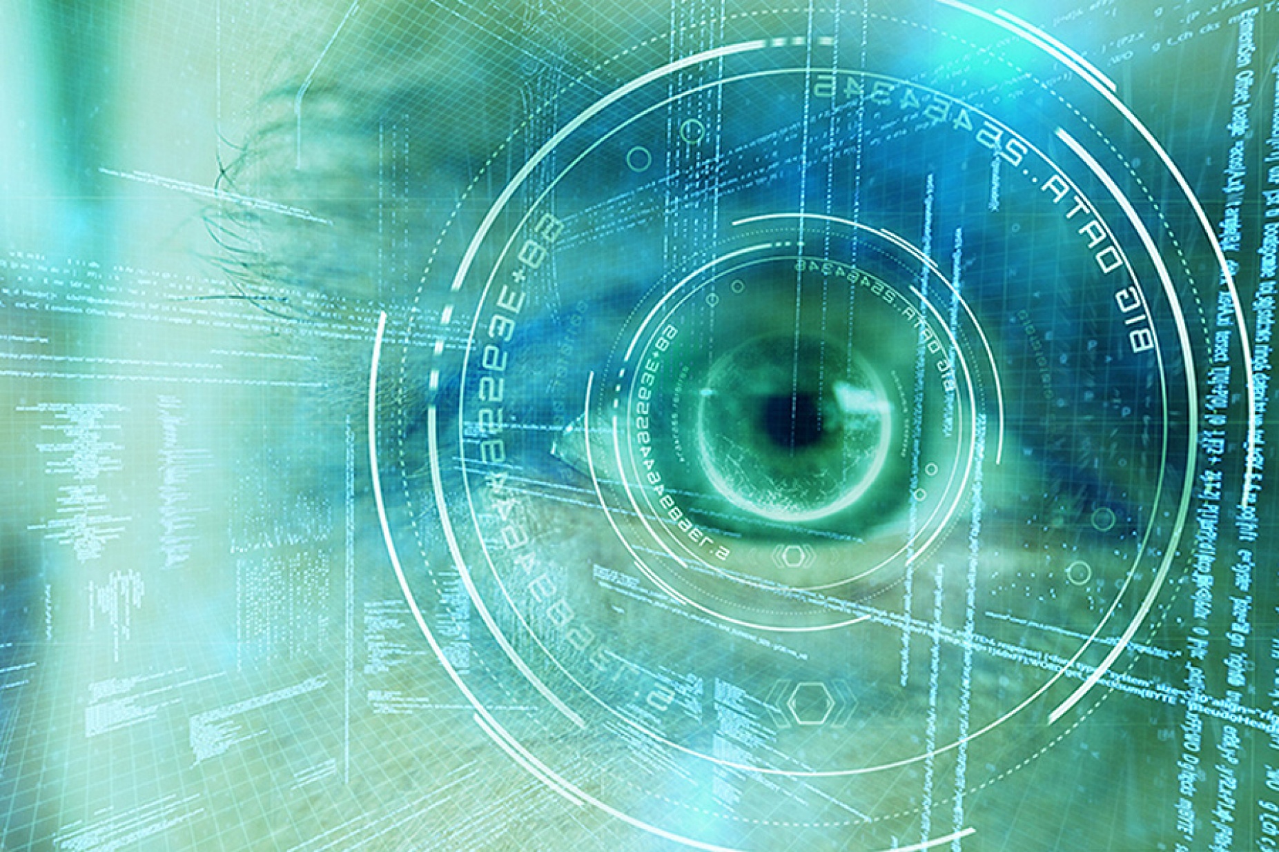 Digital image of globe with big data text against close up human eye. 