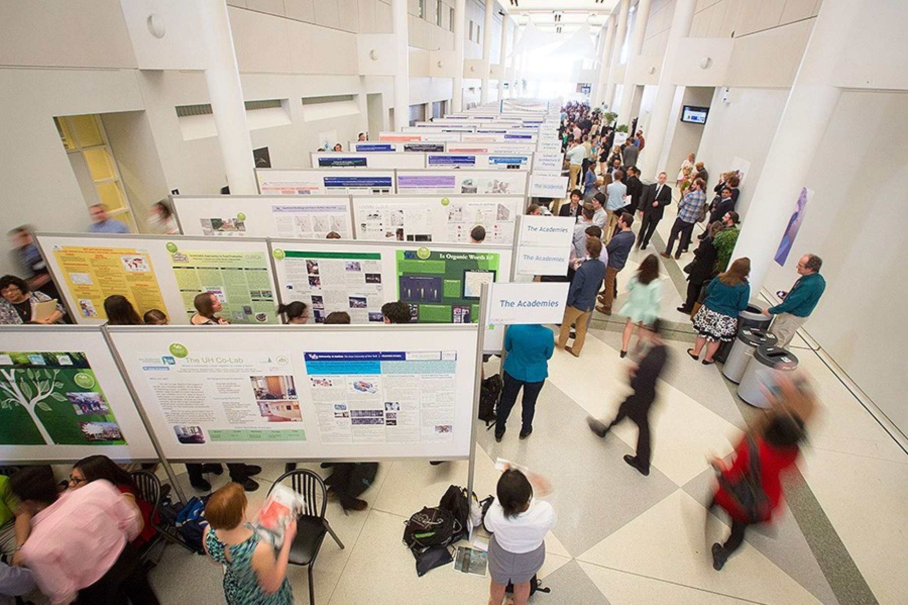 Overview of student poster exhibition in the Center for the Arts atrium before the annual Celebration of Student Academic Excellence. 