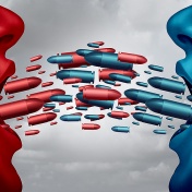 Concept of debate and political argument as two opposing competitors debating and arguing with mouths open and symbolic bullets flying towards each other. 