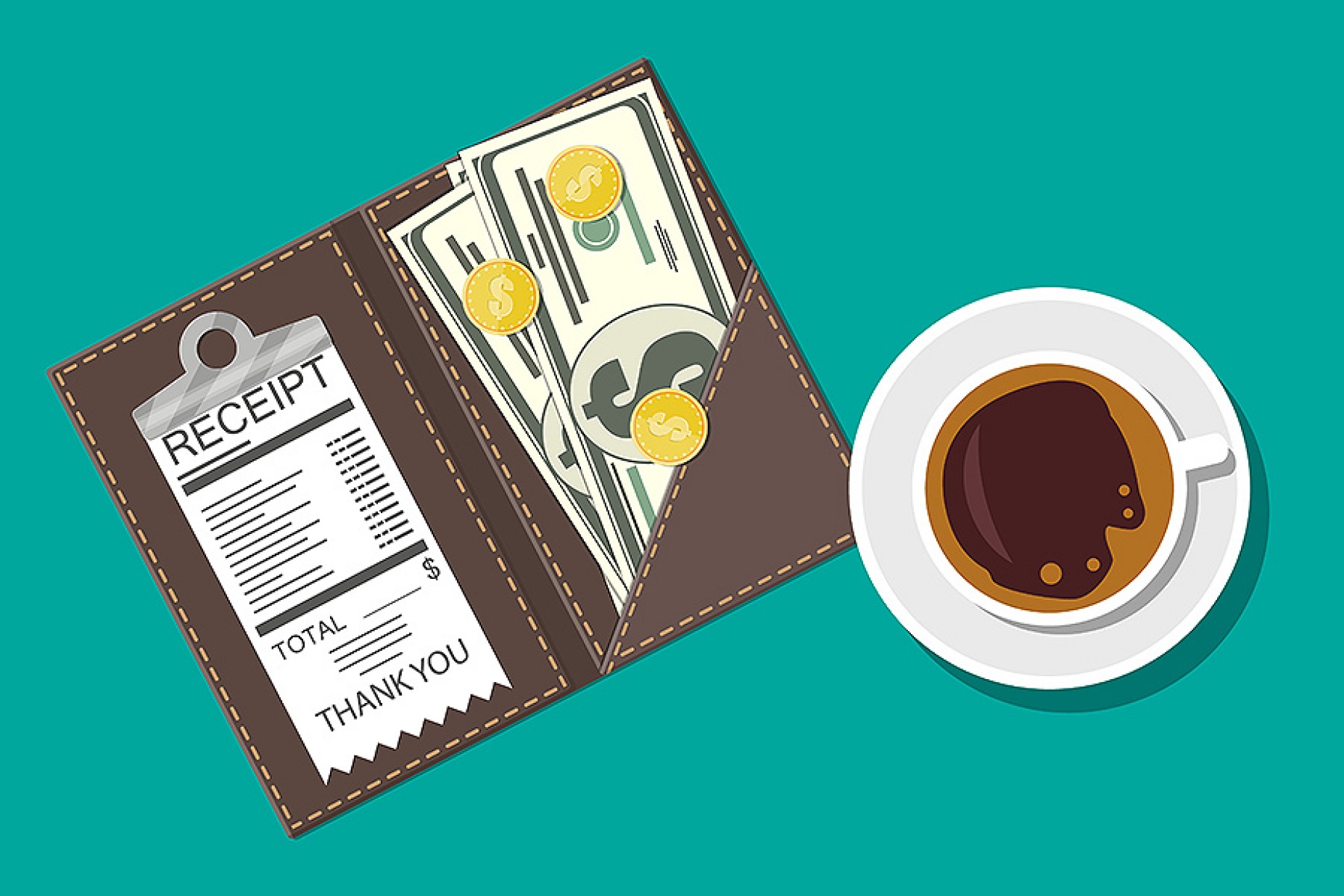 Folder with cash coins and cashier check and a coffee cup nearby. Gratuity concept. 