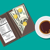 Folder with cash coins and cashier check and a coffee cup nearby. Gratuity concept. 