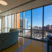 View of downtown Buffalo skyline and neighborhoods from inside the Jacobs School of Medicine and Biomedical Sciences. 