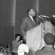 Martin Luther King Jr. at the podium speaking at Kleinhans music Hall in 1967. 