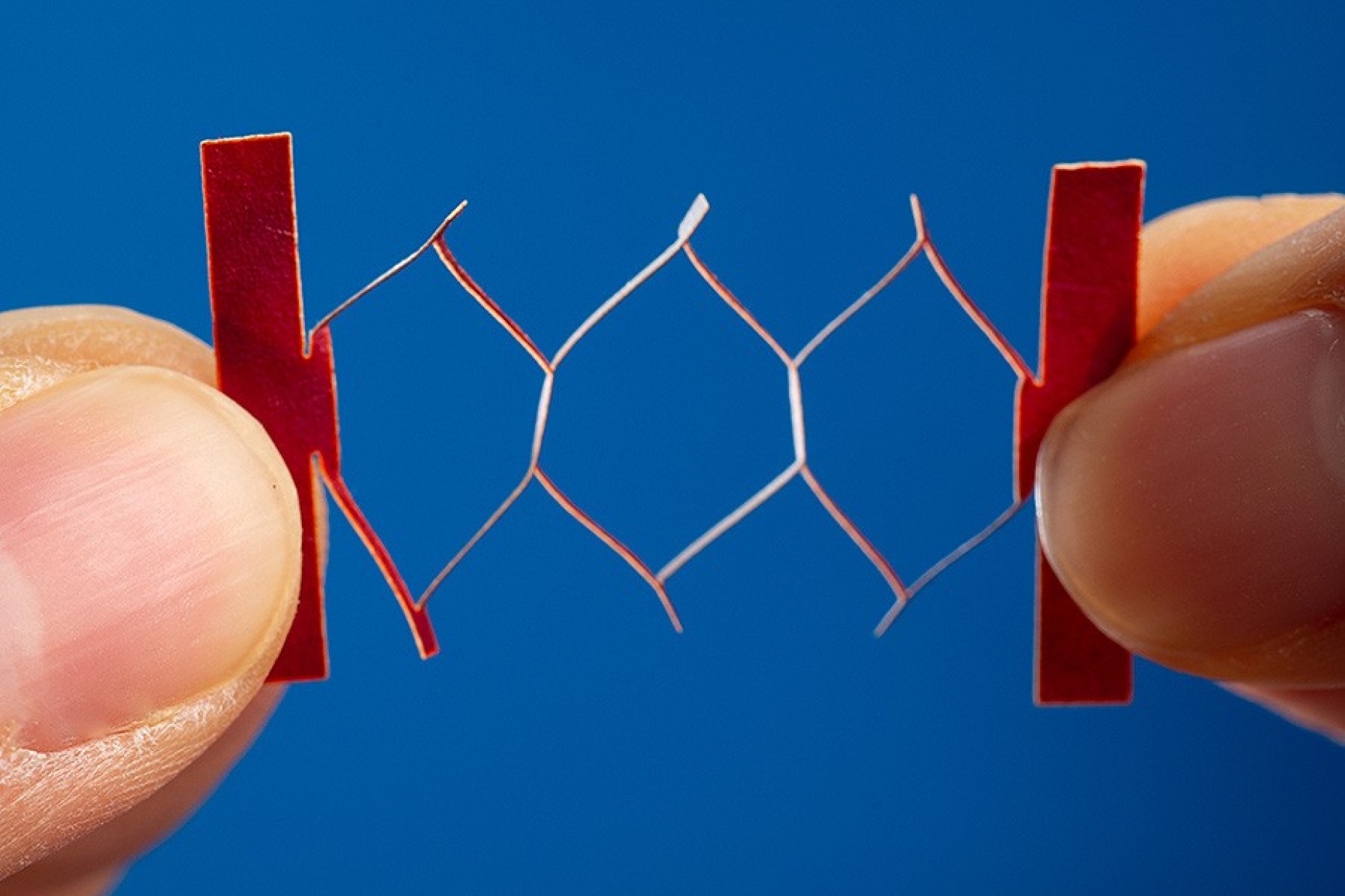 Zoom image: The image above shows a kirigami-inspired electronic circuit being increasingly stretched. Photo: Douglas Levere 