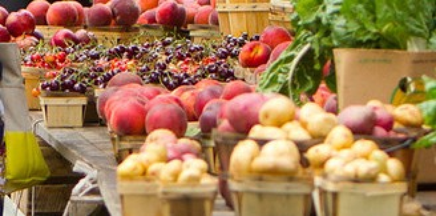 tables of produce at a farmers' market. 