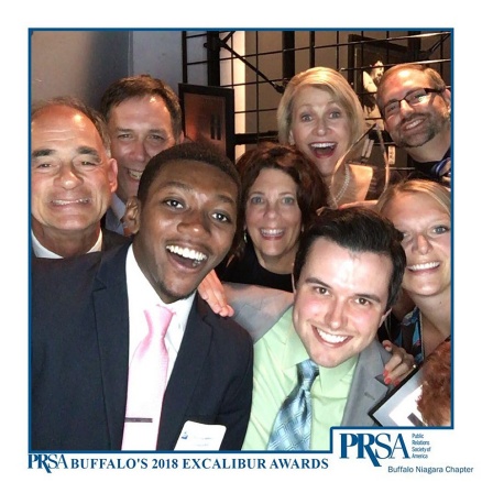 Members of University Communications and other staff pose for a "selfie" during the awards banquet. 