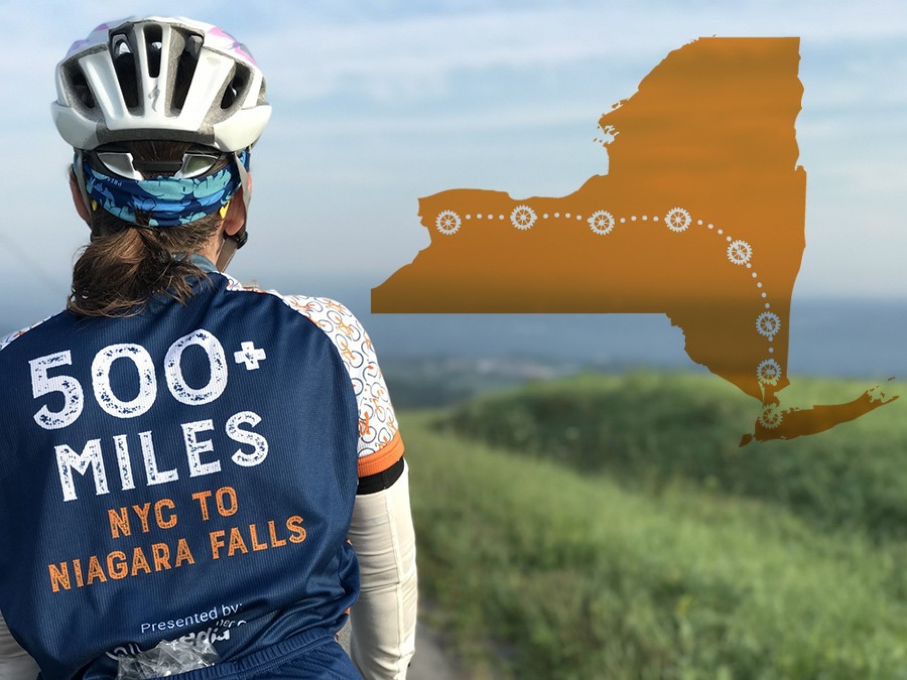 A graphic of the Empire Ride route superimposed over a photo of a female Empire Ride participant looking out over rolling hills. 