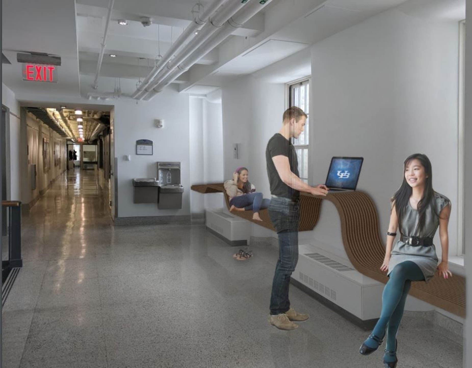 Photorealistic rendering of winning With the Flow bench concept showing people siting and looking out the window. Image courtesy of With the Flow team. 