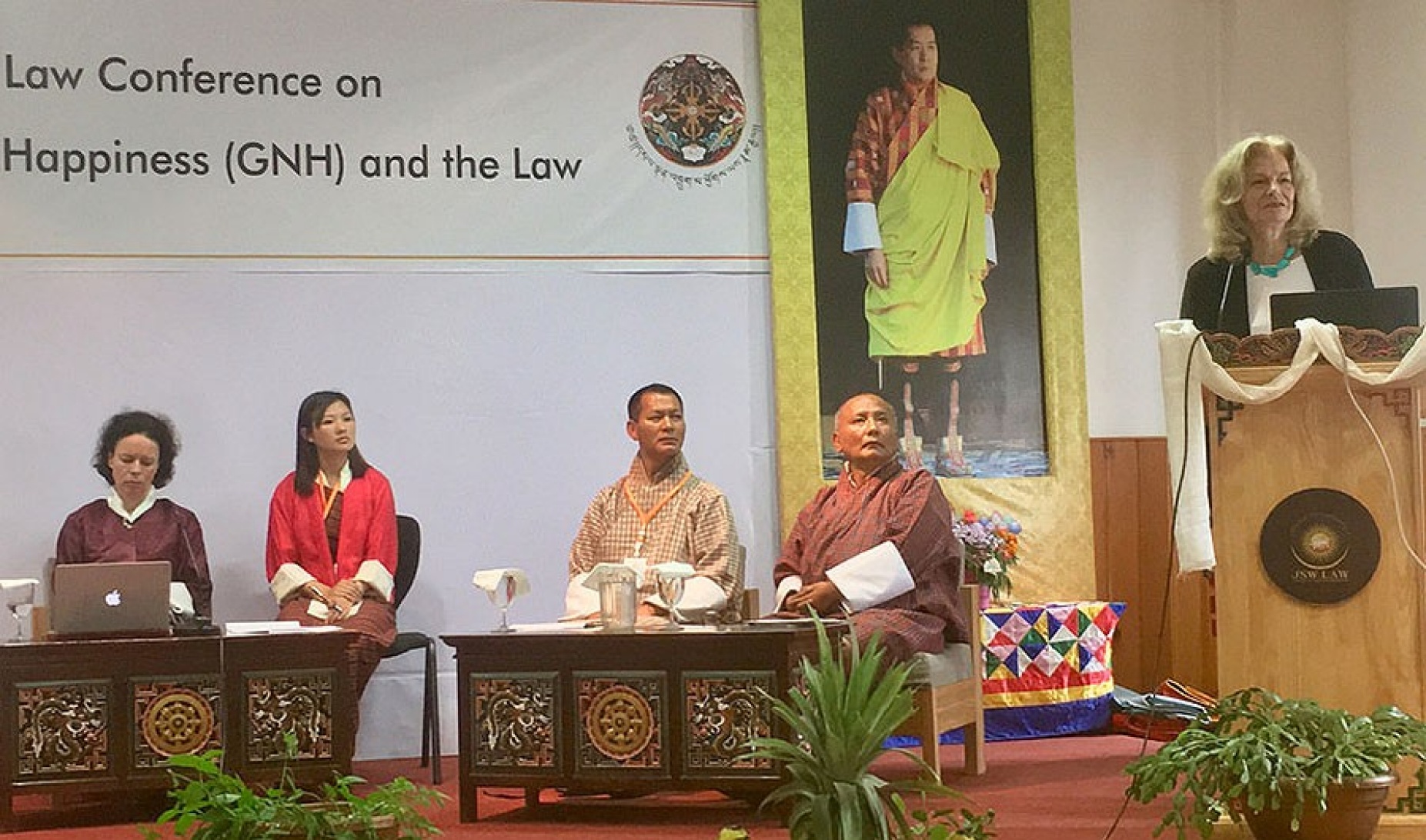 Rebecca French at the podium speaking at the inaugural conference at the new Jigme Singye Wangchuck School of Law in Bhutan. 