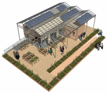 Zoom image: An original rendering of the GRoW Home produced by the Fall 2014 Solar Decathlon studio at UB; rendering work by Nate Heckman, Michael Tuzzo and Duane Warren. 