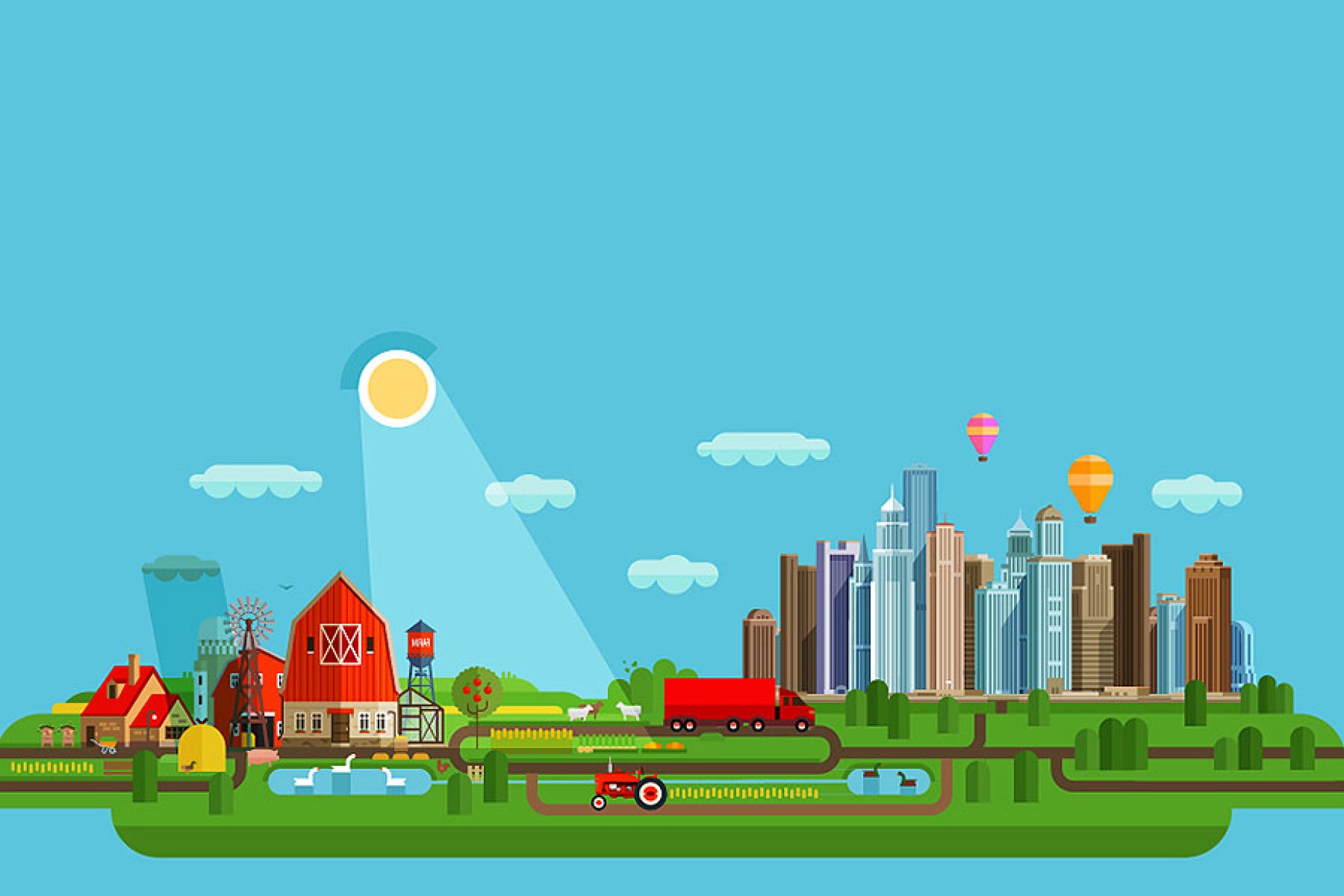 Illustration of a city and farm, with shining sun. 