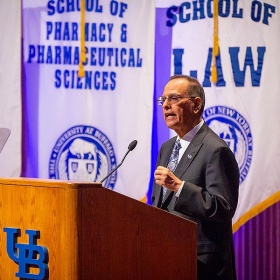 President Satish Tripathi delivers his 2018 State of the University address. 