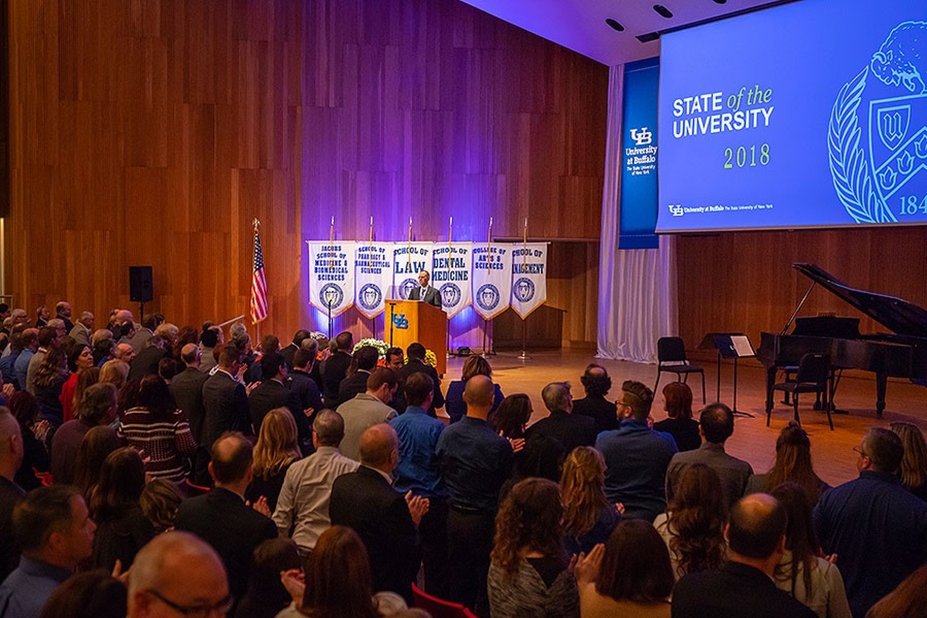 President Satish Tripathi delivers his 2018 State of the University address. 