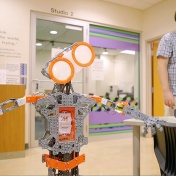 Still from the Makerspace video featuring a robot created at the Buffalo and Erie County Public Library's Launch Pad. 
