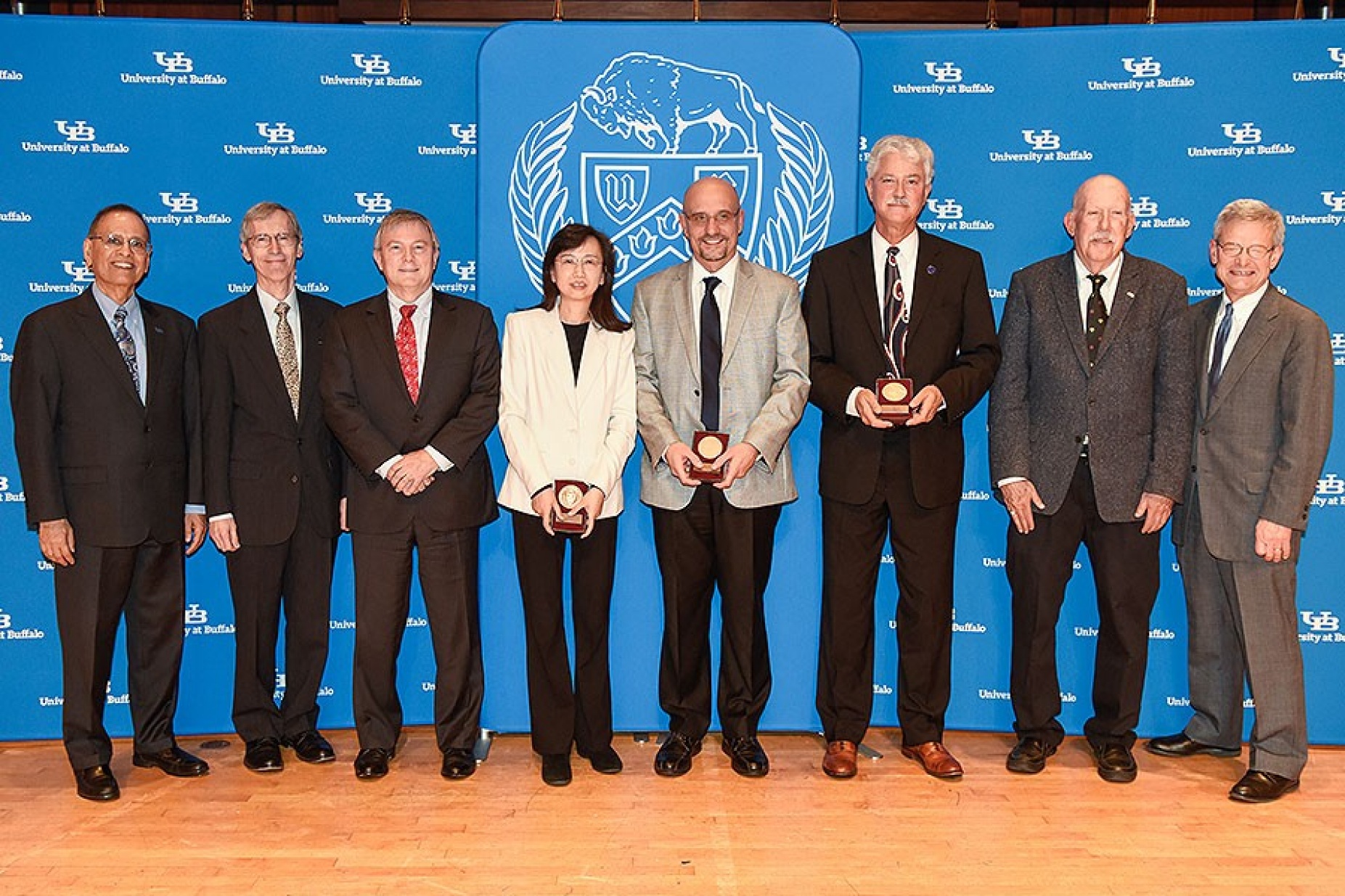 the newest SUNY Distinguished Professors pose for a photo at the Celebration of Faculty and Staff Excellence. 