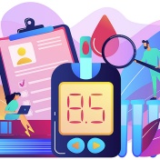 Diabetes mellitus concept vector illustration. &mdash; Stock Vector Doctor with magnifier and blood glucose testing meter. Diabetes mellitus, type 2 diabetes and insulin production concept on white background. 