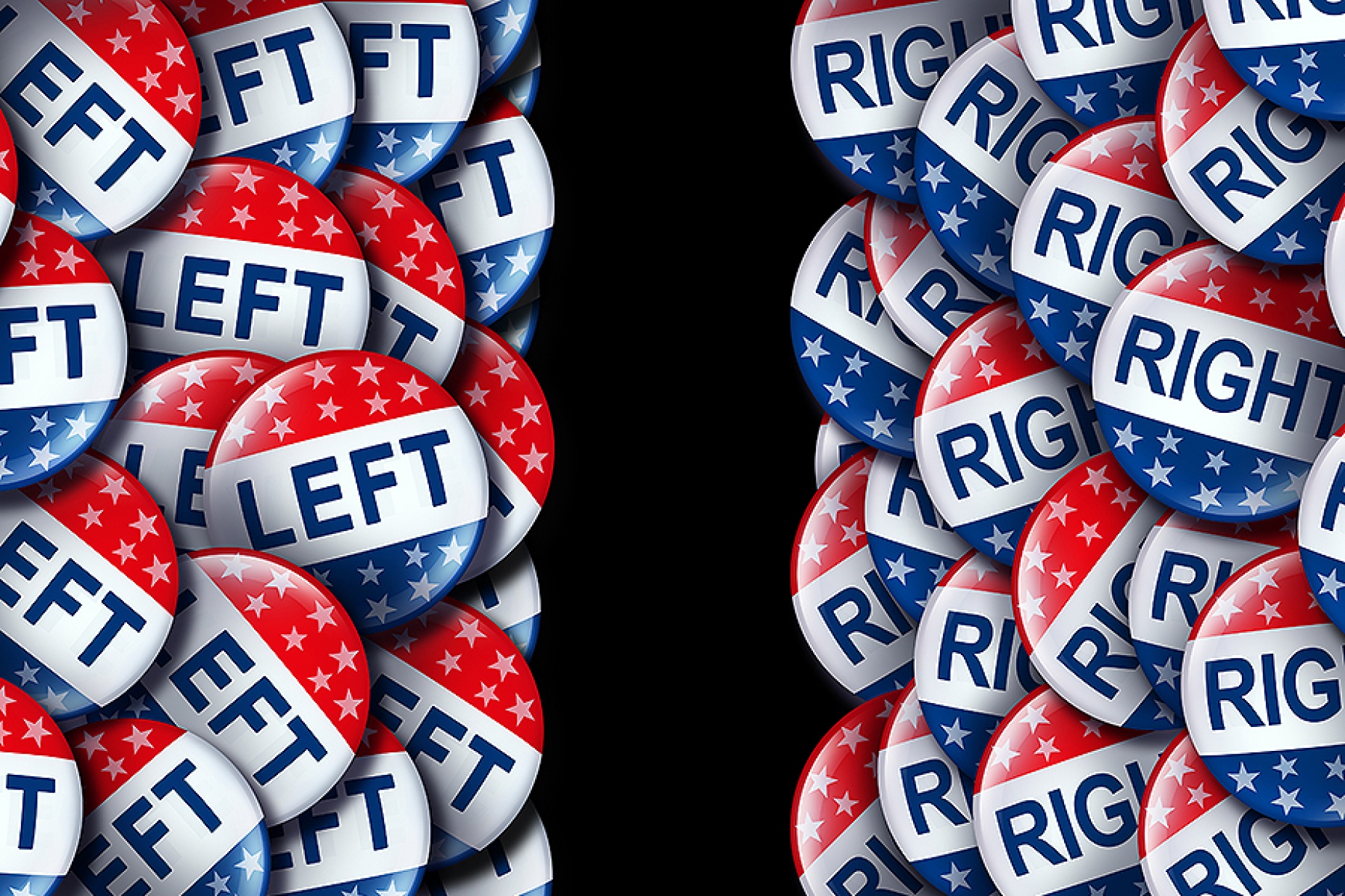 Left wing and the right vote badges as a United States election or American voting concept as a symbol with conservative and liberal political campaign or US politics for government legislators and representative.