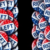 Left wing and the right vote badges as a United States election or American voting concept as a symbol with conservative and liberal political campaign or US politics for government legislators and representative. 