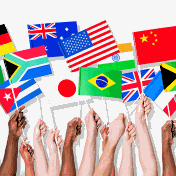 International flag held by hands of various skin tones. 