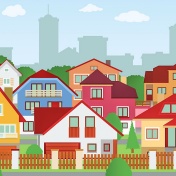 Illustration of residential streetscape with a city in the background. 