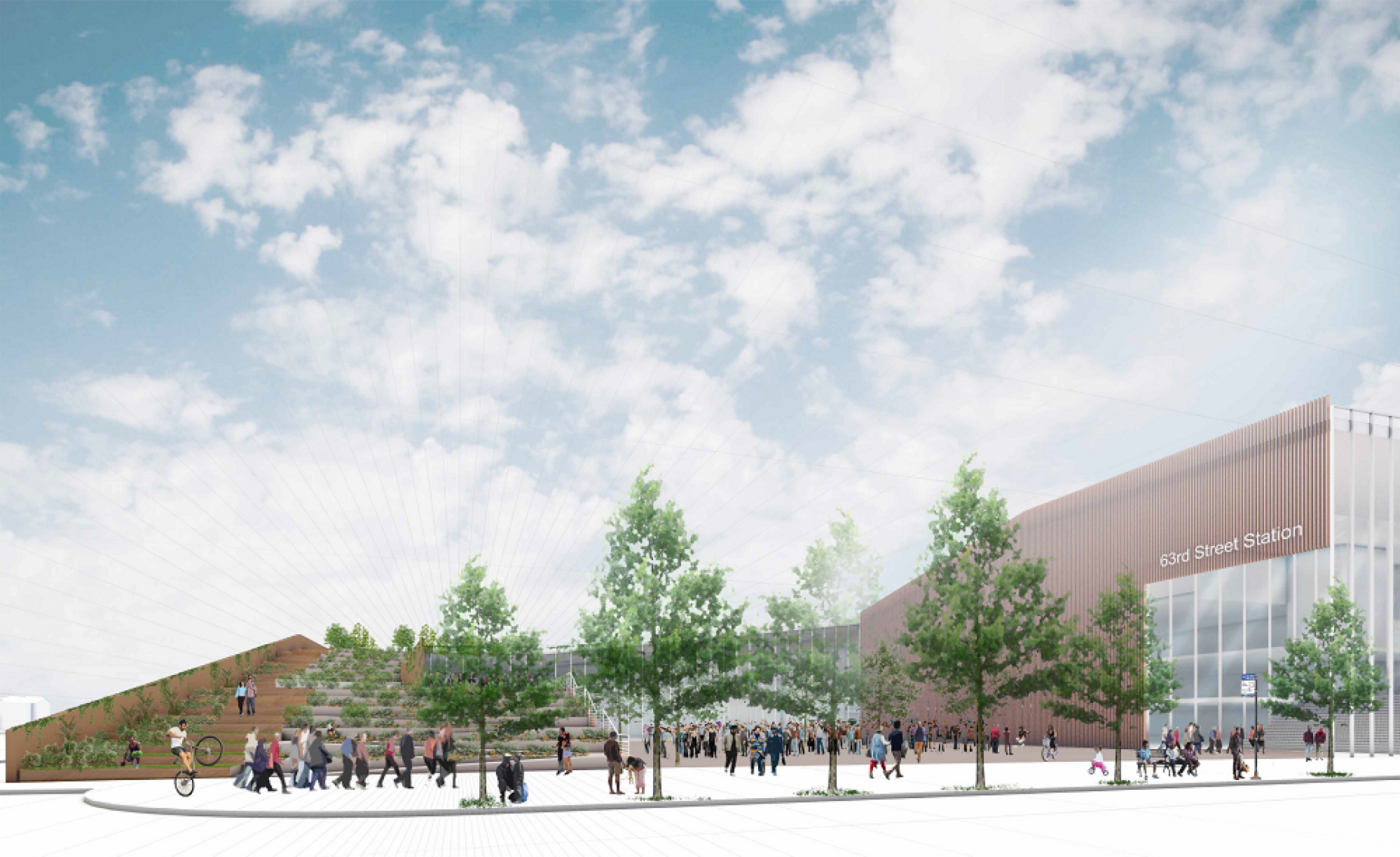 Zoom image: &quot;Roots&quot; features a new transit station that would link to an existing transit station by an elevated, landscaped avenue. 