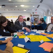 Dean Robert Shibley (center) facilitates discussion at the "What's Next for Buffalo Niagara?" workshop in Hayes Hall. 