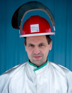 Portrait of Ingo Sonder, wearing protective clothing. 