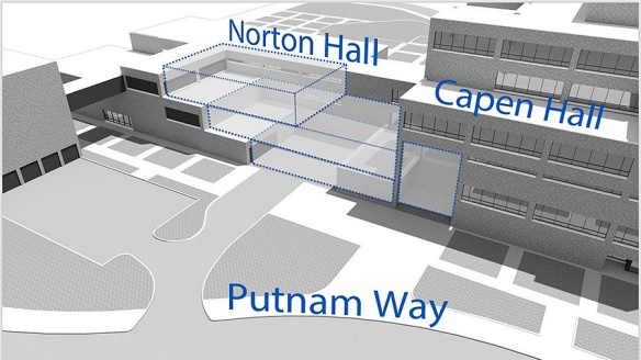 Zoom image: The north side of One World Caf&eacute; just off Putnam Way near Hamilton Loop. Image courtesy of CannonDesign 