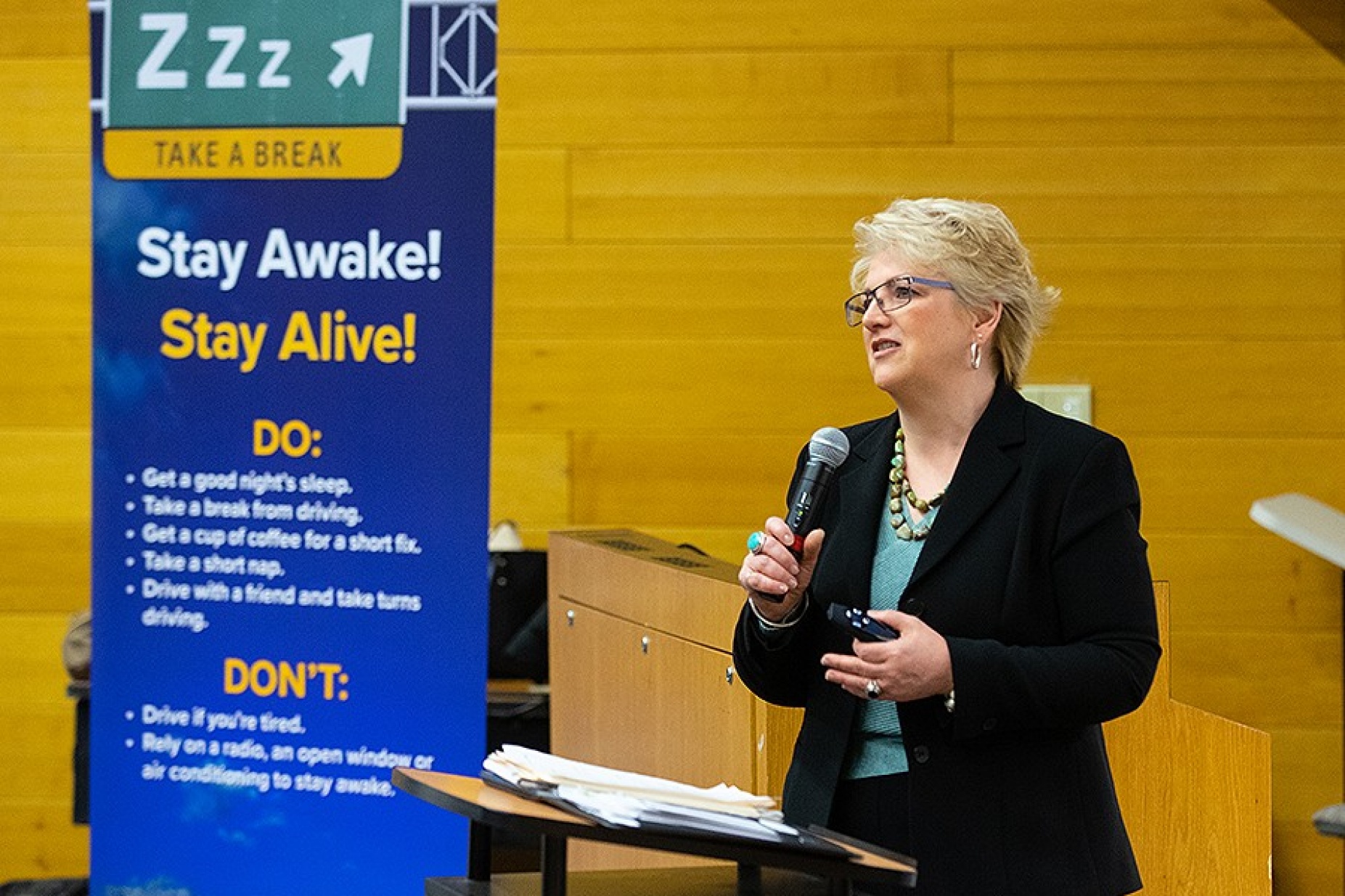 Maureen Kozakiewicz, GTSC state program coordinator for drowsy driving speaks to students during the "Stay Awake! Stay Alive!" program. 